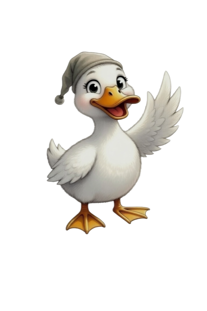 Tuck, a sleepy duckling in a nightcap, waving hello